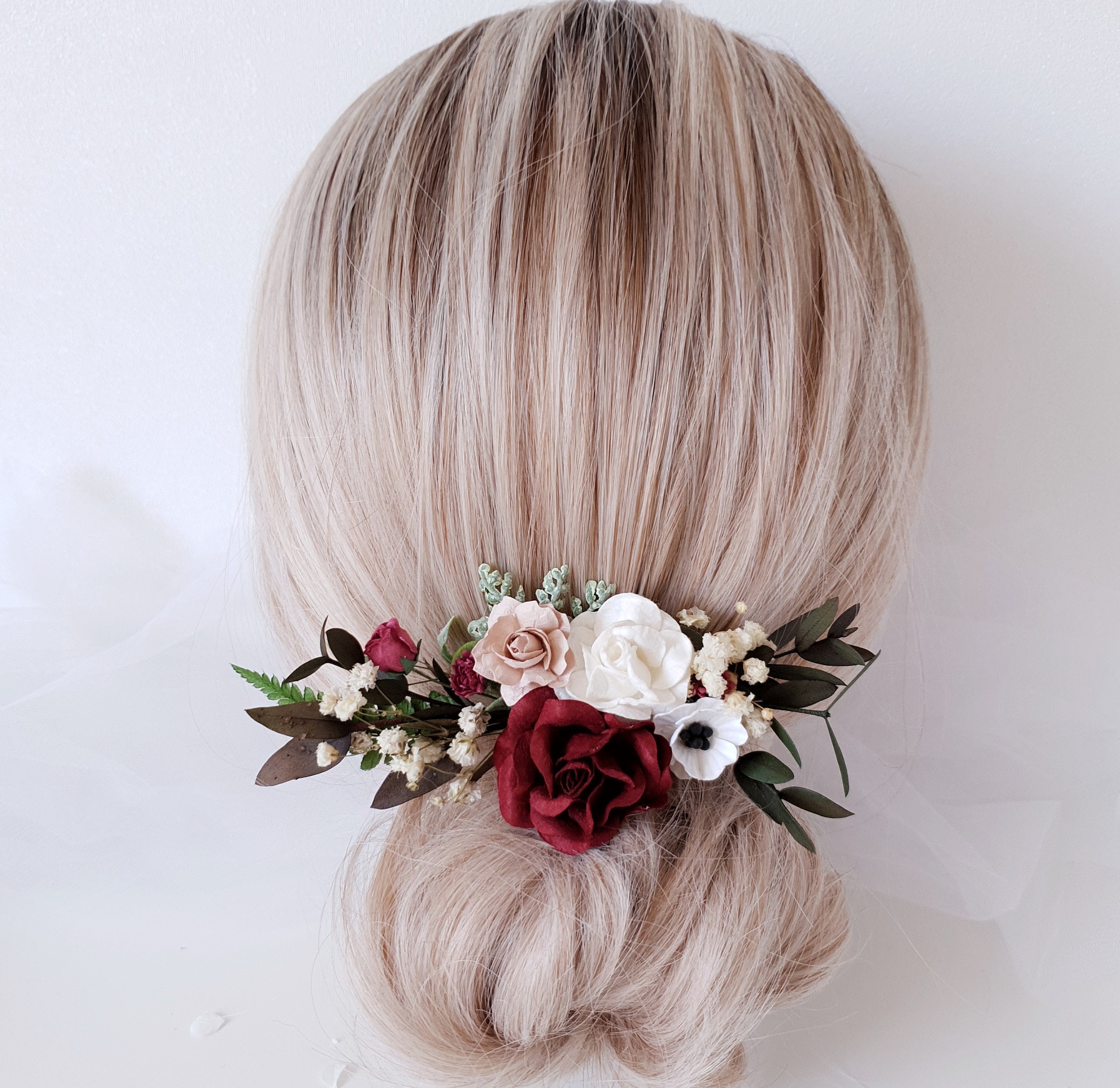 Burgundy flower Hair comb Deep red Bridal hair comb Wedding Etsy