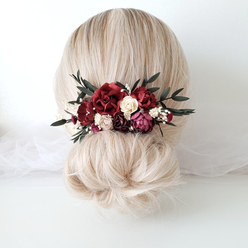 Burgundy Winter Hair Comb Flower Hair Comb Bridal Floral Etsy