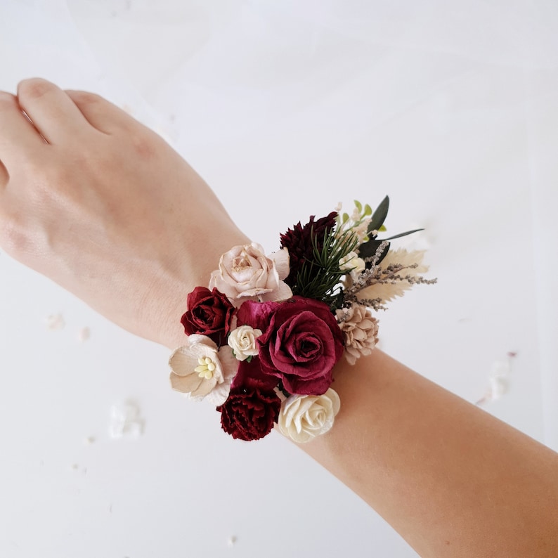 Burgundy Flower wrist corsage Floral wrist corsage Etsy