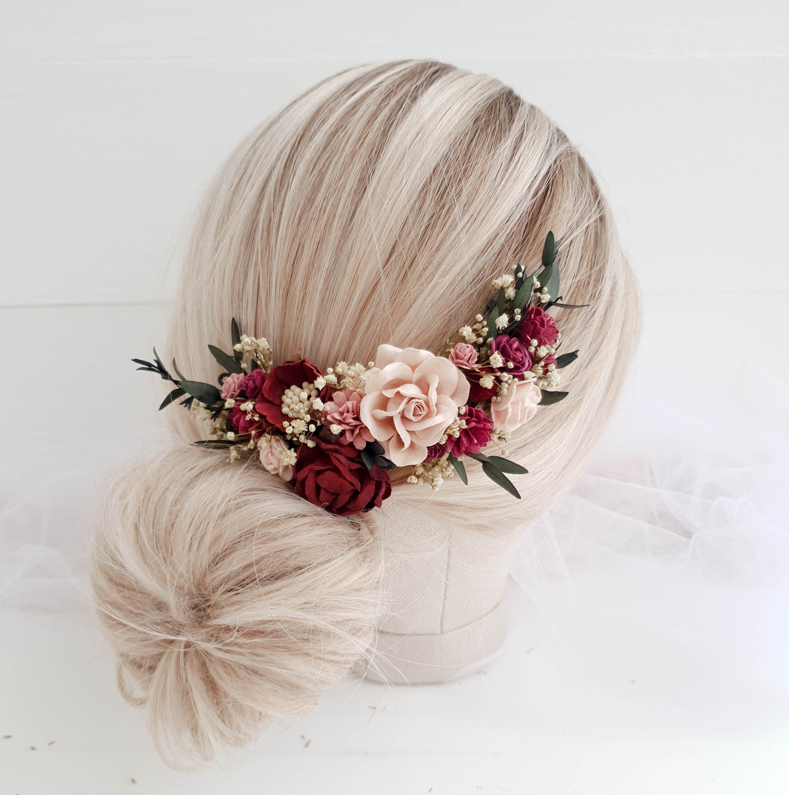 Flower hair comb Burgundy flower hair vine Flower hair clip Etsy