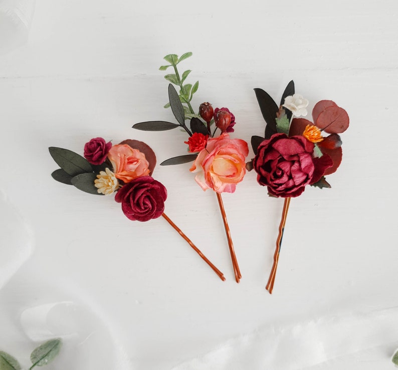 Fall burgundy flower headpiece Deep red flower bobby pins Fall deep red hair pins Flower hair pins Burgundy Flower Bobby pins