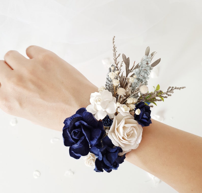 Flower wrist corsage Wedding flower wrist corsage Blue navy Etsy