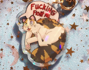 feral calico cat holographic keychain!