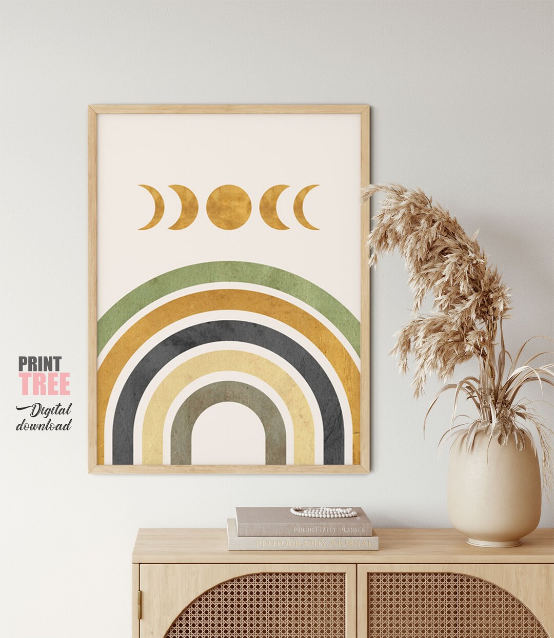 Boho Wall Decor Moon Phases and Rainbow Print / Moon Cycle Art and ...