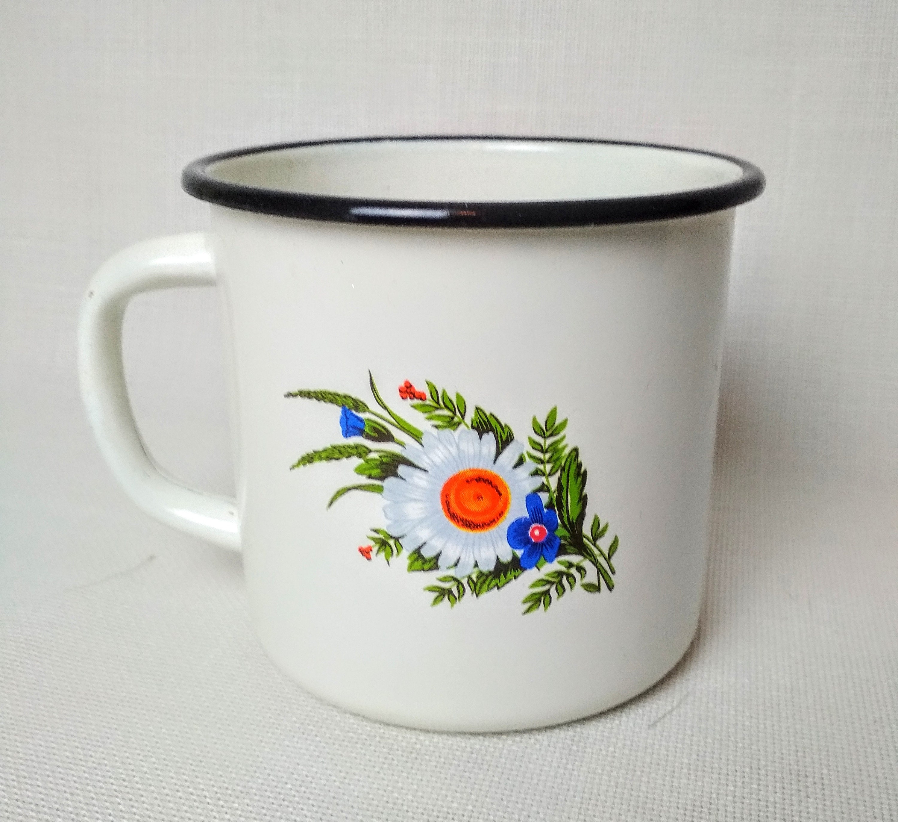 Vintage Enamel Floral Big White Mug Mug Metal Enameled Etsy UK