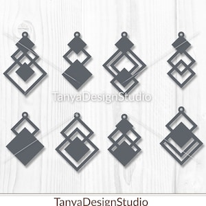 May include: Eight gray geometric earring designs with diamond and square shapes. Each earring has a small loop at the top for hanging. The image includes the text "TanyaDesignStudio" and "Digital Template".
