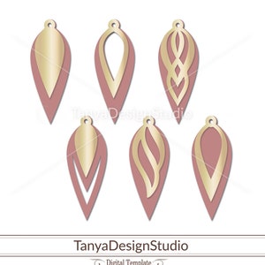 May include: A collection of six layered teardrop-shaped earring designs. Each earring features a gold-colored top layer over a dusty rose-colored base. The designs include solid, open, and patterned styles. The text "TanyaDesignStudio" is at the bottom.