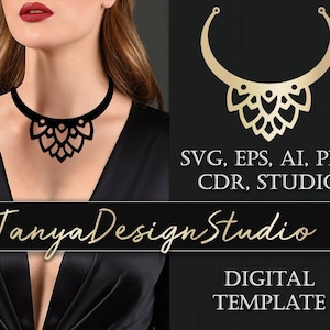 May include: A black necklace with a floral pendant is displayed on a person. The necklace has a curved choker design with a decorative floral pattern. The image also includes the text "Tanya Design Studio" and "DIGITAL TEMPLATE".