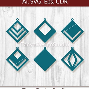 May include: Six teal diamond-shaped earring designs with various cut-out patterns. The top banner reads "Ai, SVG, Eps, CDR." The bottom banner displays "Tanya Design Studio" and "Digital Template."