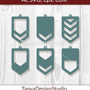 May include: Six teal-colored pendant designs with various geometric shapes, including chevrons and rectangles. Each design has a small hole at the top for hanging. The text "Ai, SVG, Eps, CDR" is at the top, and "TanyaDesignStudio" is at the bottom.