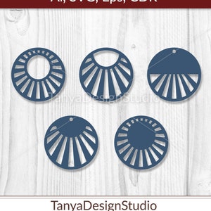 May include: Five navy blue circular earring designs with radial cutouts, displayed on a light wood grain background. The top banner reads "Ai, SVG, Eps, CDR". The bottom of the image displays the text "TanyaDesignStudio" and "Digital Template".
