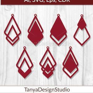 May include: A collection of six red geometric earring designs. The earrings are in various shapes, including diamond and layered diamond designs. The image includes the text "Ai, SVG, Eps, CDR" and the name "TanyaDesignStudio".