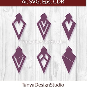 May include: Six geometric, diamond-shaped earring designs in a deep purple hue. Each earring features a unique cutout pattern. The image includes the text "Ai, SVG, Eps, CDR" and "Tanya Design Studio".