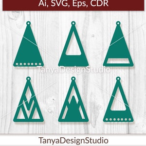 May include: A collection of six teal-colored triangle-shaped earring designs. Each design features a unique pattern, including solid triangles, cut-out shapes, and dotted lines. The text "Ai, SVG, Eps, CDR" is at the top. The text "Tanya Design Studio" is at the bottom.