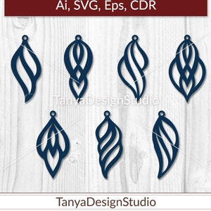 May include: A collection of seven navy blue earring designs with various abstract shapes. The earrings are displayed on a light wood-grain background. The top banner reads "Ai, SVG, Eps, CDR". The bottom of the image displays the text "TanyaDesignStudio" and "Digital Template".