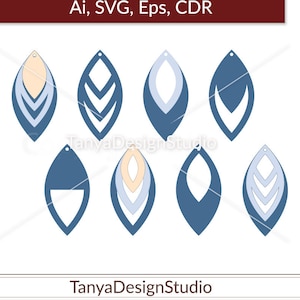 May include: A collection of eight blue and cream-colored teardrop-shaped earring designs. Each earring features a unique layered pattern, with variations in cut-out shapes and color combinations. The image includes the text "Ai, SVG, Eps, CDR" and "TanyaDesignStudio".