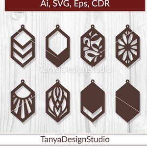 May include: A collection of eight brown geometric earring designs. Each earring has a unique cutout pattern, including chevrons, floral, and abstract shapes. The image includes the text "Ai, SVG, Eps, CDR" and "TanyaDesignStudio".