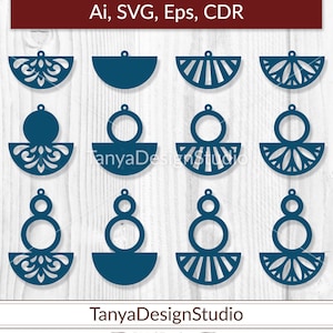 May include: A digital template featuring various dark teal earring designs. The image includes multiple earring shapes, such as half-circles, fan-like patterns, and layered circular designs. Text at the top reads "Ai, SVG, Eps, CDR" and the bottom text says "TanyaDesignStudio".