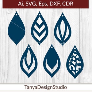 May include: A collection of six navy blue teardrop-shaped earring designs. Each design features a unique cutout pattern, including solid, leaf-like, and abstract shapes. The image includes the text "Ai, SVG, Eps, DXF, CDR" and "TanyaDesignStudio".