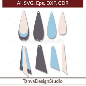 May include: Digital template featuring various earring designs in neutral colors, including beige, gray, and blue. The image includes the text "Ai, SVG, Eps, DXF, CDR" and the Tanya Design Studio logo. The designs are teardrop and geometric shapes.