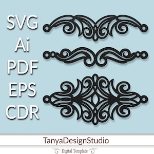 May include: Black decorative filigree designs in SVG, Ai, PDF, EPS, and CDR formats. The image features three ornate, symmetrical patterns with swirling details. The text "TanyaDesignStudio" and "Digital Template" are also visible on a light blue background.