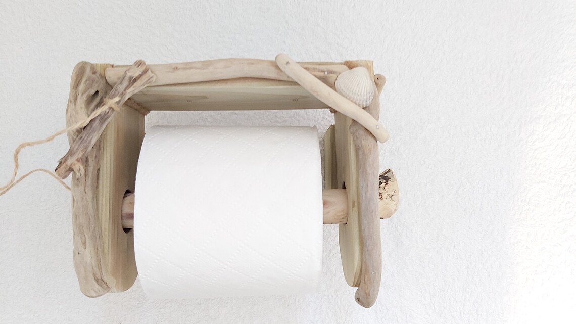 Handmade welsh driftwood and pine toilet roll holder with free Etsy