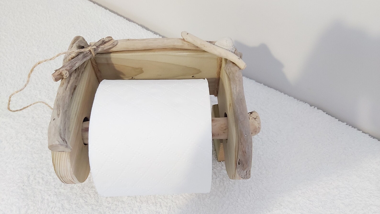 Handmade welsh driftwood and pine toilet roll holder with free Etsy