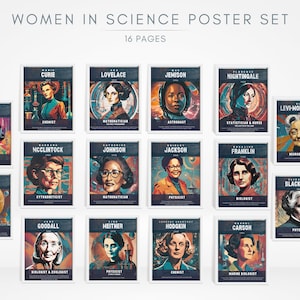Plakaty do klas z motywem sławnych kobiet naukowców (zestaw 16 sztuk) /Plakat do klas naukowych do druku/Plakat naukowy/STEM/STEAM/Miesiąc historii kobiet