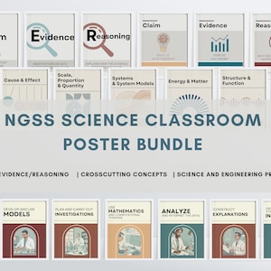 Op de afbeelding: Een set kleurrijke posters voor een wetenschapsklaslokaal. De posters tonen de titel NGSS Science Classroom Poster Bundle en omvatten onderwerpen zoals Claim, Bewijs, Redenering, Systemen & Systeemmodellen, Energie & Materie, Structuur & Functie, Stabiliteit & Verandering, Oorzaak & Gevolg, Schaal, Proportie & Kwantiteit, Vragen stellen, Modellen ontwikkelen en gebruiken, Onderzoek plannen en uitvoeren, Wiskunde en computationeel denken gebruiken, Data analyseren en interpreteren, Verklaring opstellen en Informatie verkrijgen en communiceren.