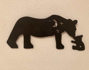 Momma Sky Bear and Cub Moon and Stars Silhouette Handmade Steel Artwork | Gift for Mom | Baby Shower Gift | Mother and Child