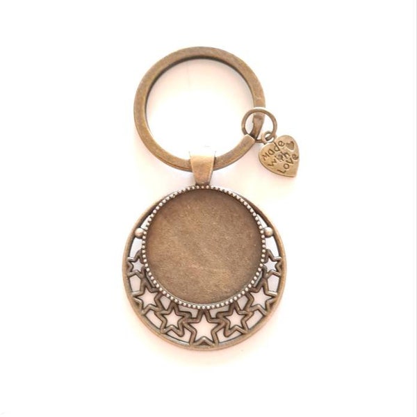 Porte-clés rond étoiles support pour cabochon  25 mm, acier inoxydable bronze