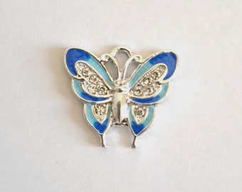 1 flat pearl charm blue butterfly enamelled colors rhinestones silver borders
