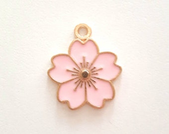 1 cherry blossom pearl charm, sakura, enamel colors, gold borders