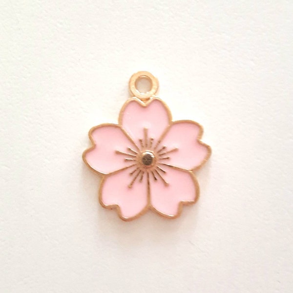 1 cherry blossom bead charm, sakura, enameled colors with golden borders