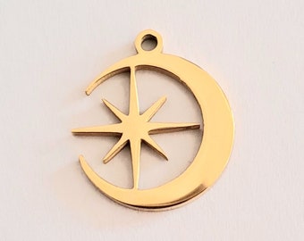 1 gold-colored stainless steel moon star pendant charm 15 x 15 mm