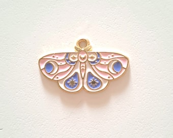 1 breloque perle papillon tons rose bleu couleurs émaillées contours dorés