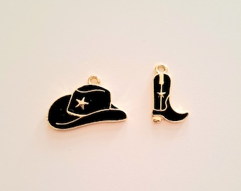 Duo charms: cowboy hat and boot, gold metal, enameled colors