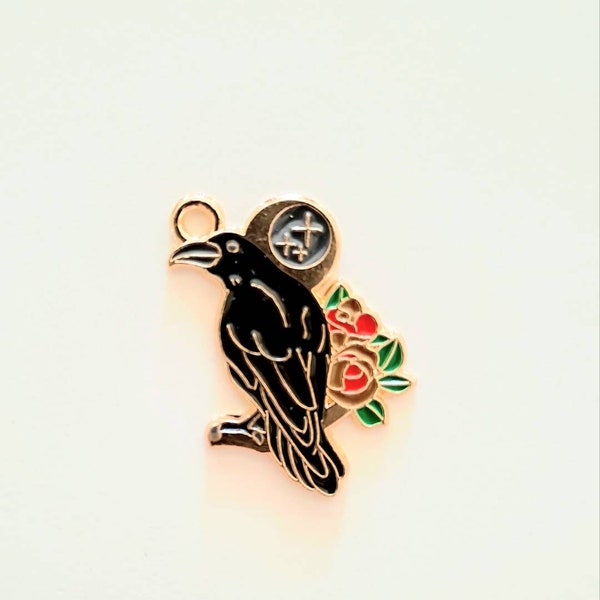1 flat raven bead charm, Viking enameled colors with golden borders
