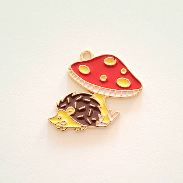 1 hedgehog mushroom pendant charm enameled colors with golden contours