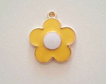 1 yellow flower bead charm, enamelled colors, golden borders