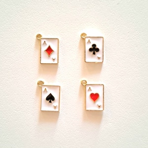 1 playing card charm, ace of hearts, clubs, spades or diamonds, enameled colors with golden borders