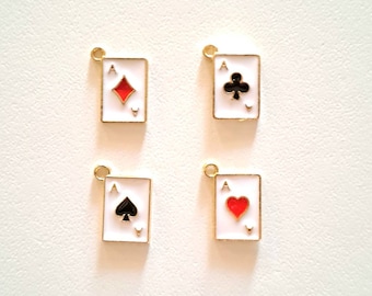 1 playing card charm, ace of hearts, clubs, spades or diamonds, enameled colors with golden borders