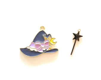 Enamelled color witch hat and magic wand duo charms