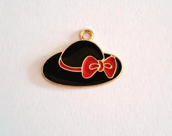 1 black hat charm red bow enamelled colors golden outlines 22 x 18 mm