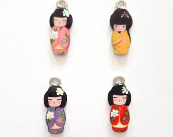 4 kokeshi charms, silver metal, enameled colors