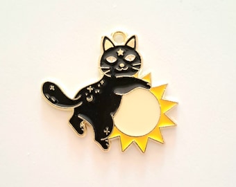 1 black cat pendant charm sun enameled colors golden contours size 25 x 28 mm