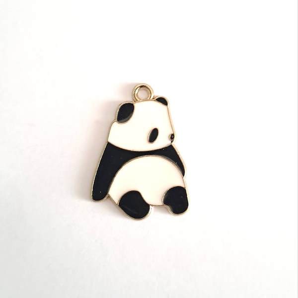 1 panda flat bead charm, enameled colors with golden borders