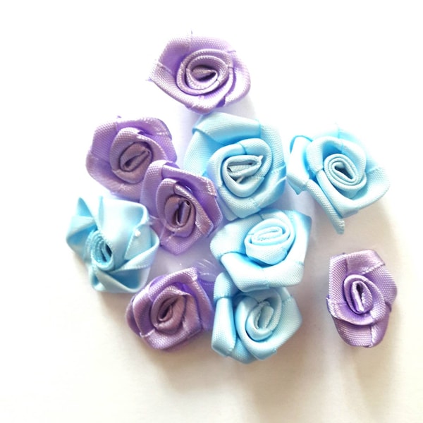 10 petits noeuds ruban satin, roses, bleu, parme, fleurs tissu satin