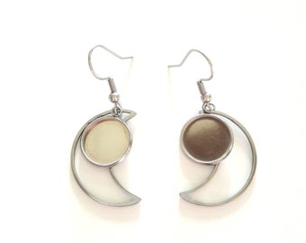 Boucles d'oreilles, forme lune, acier argenté inoxydable, support cabochon 12 mm