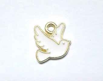 1 flat dove bead charm, peace, enameled colors with golden borders